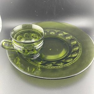 Vintage Indiana Glass Green Kings Crown Thumbprint Luncheon Plate With Cup